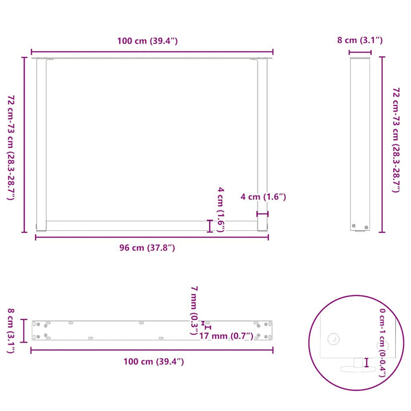 U-Form Tischbeine, 3er Set, Weiß, 100cm Stahl