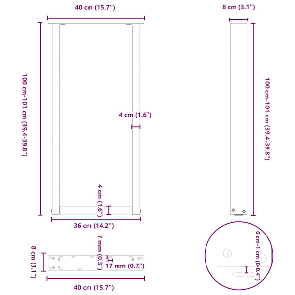 Bartischbeine U-Form, Schwarz, 40x100 cm, 2er Set
