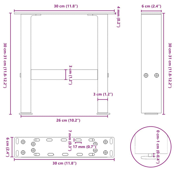 Couchtischbeine aus Stahl, 30 cm, 2er-Set