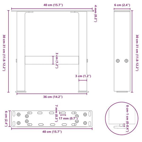 Couchtischbeine aus Stahl, 40 cm, 2er-Set