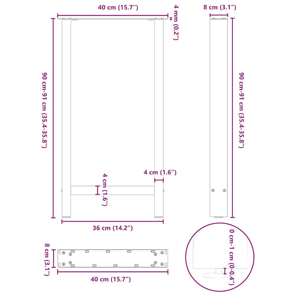 Bartischbeine Naturstahl 40x90/91cm, 2er Set