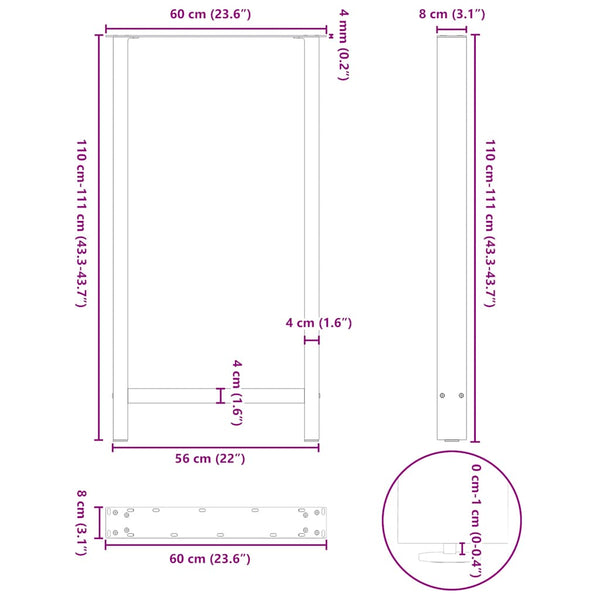 vidaXL Pieds de table de bar Blanc 2 pcs 60x(110-111) cm Acier