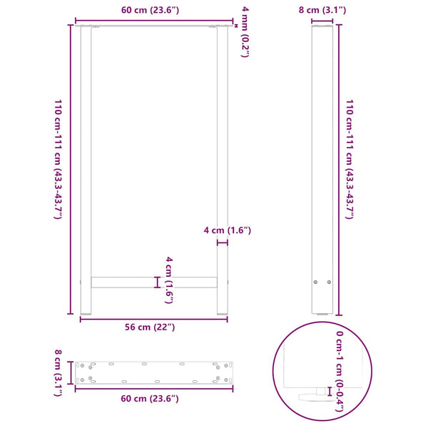 Bartischbeine Naturstahl 60x110 cm, 2er Set