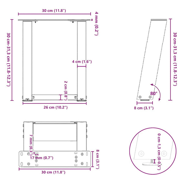 U-Form Couchtischbeine, 30cm, Schwarz, 2er-Set