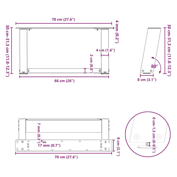 U-Form Couchtischbeine, Schwarz, 70cm, 2er Set