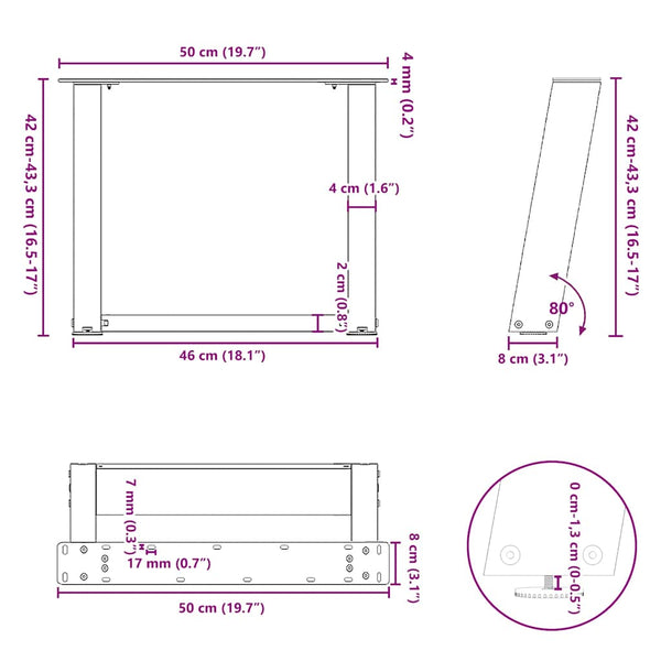 U-Form Couchtischbeine Schwarz 50cm (2er-Set)