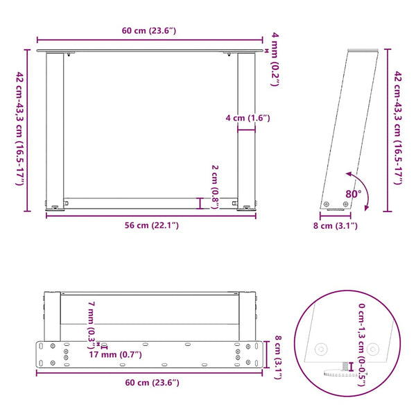 Couchtischbeine U-Form Anthrazit 60cm (2er Set)