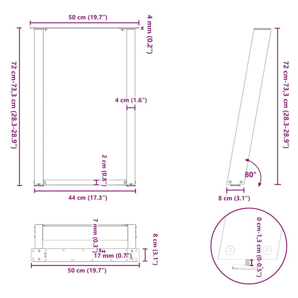 Schwarze U-Form Esstischbeine, 50x72 cm, 2er-Set