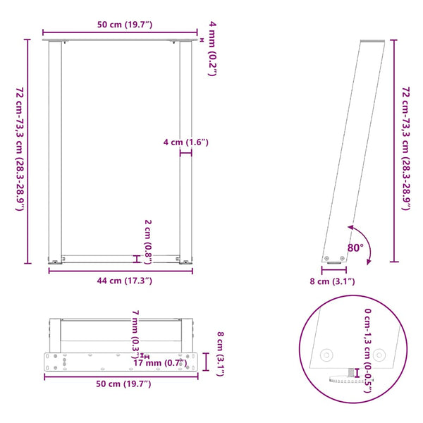 Esstischbeine U-Form Naturstahl 50x73cm, 2er Set