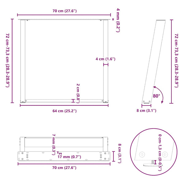 U-Form Esstischbeine, 70x72 cm, Schwarz, Stahl, 2er-Set
