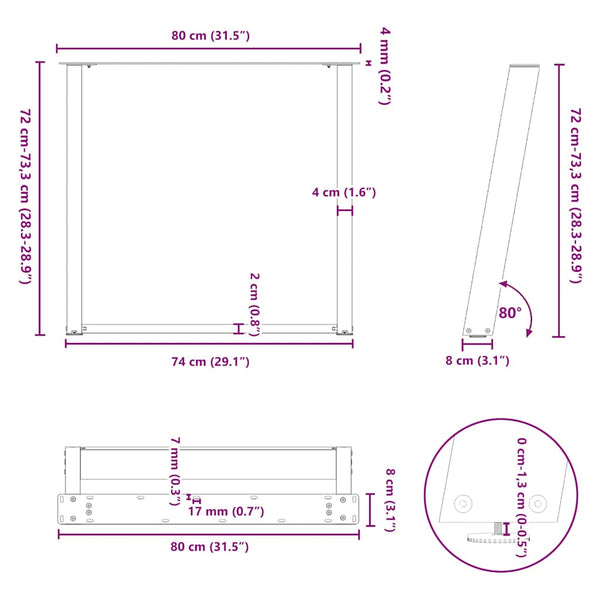 U-Form Tischbeine, Schwarz, 80cm, 2er Set