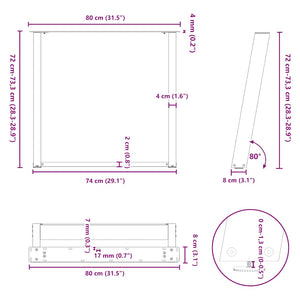 U-Form Esstischbeine, 80 cm, 2er Set