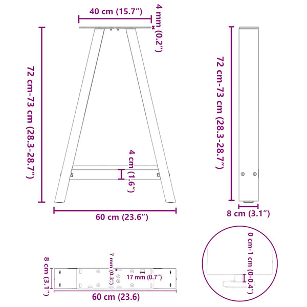 vidaXL Pieds de table à manger en forme de A 2 pcs Anthracite 60x(72-73) cm Acier