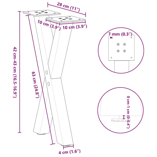 Couchtischbeine X-Form Naturstahl 28x42-43cm