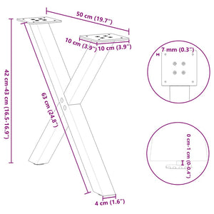 Couchtischbeine X-Form Naturstahl 50cm, 2er-Set