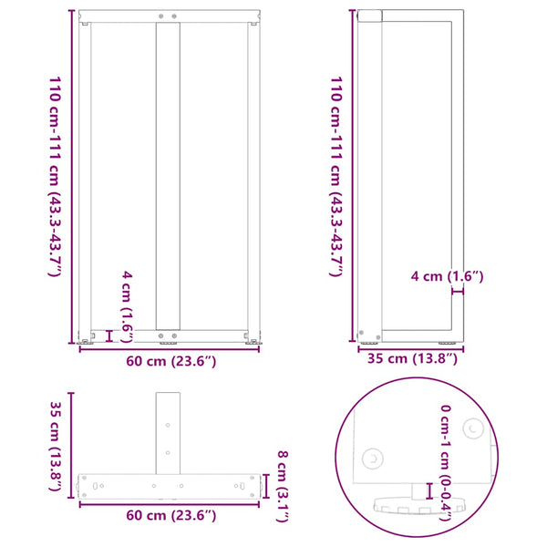 Bartischbeine T-Form, 2er Set, Naturstahl