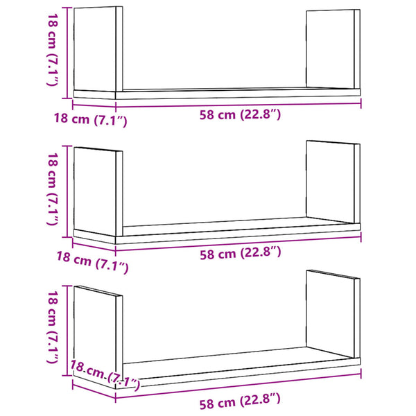 Weiße Wandregale, 3er Set, 58 cm