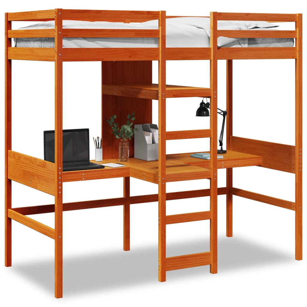 Hochbett mit Schreibtisch Kiefer Braun 90x200 cm