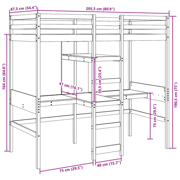Hochbett 80x200 cm Kiefer Massivholz Wachsbraun