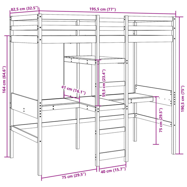 Hochbett 75x190 cm Kiefer Massivholz Wachsbraun