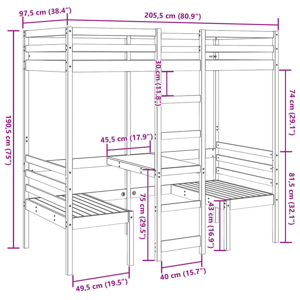 Hochbett mit Schreibtisch Kiefer 90x200 cm