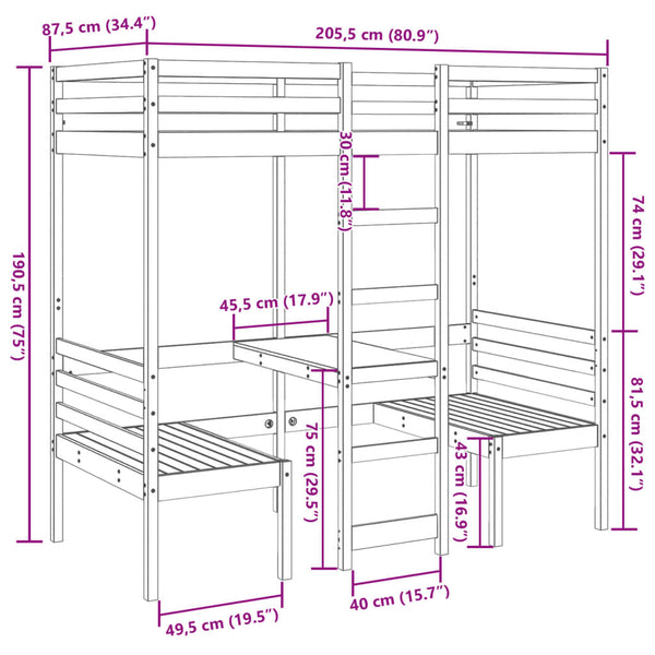 Hochbett mit Schreibtisch Kiefer 80x200 cm