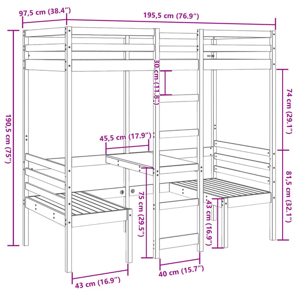 Hochbett mit Schreibtisch Kiefer 90x190 cm