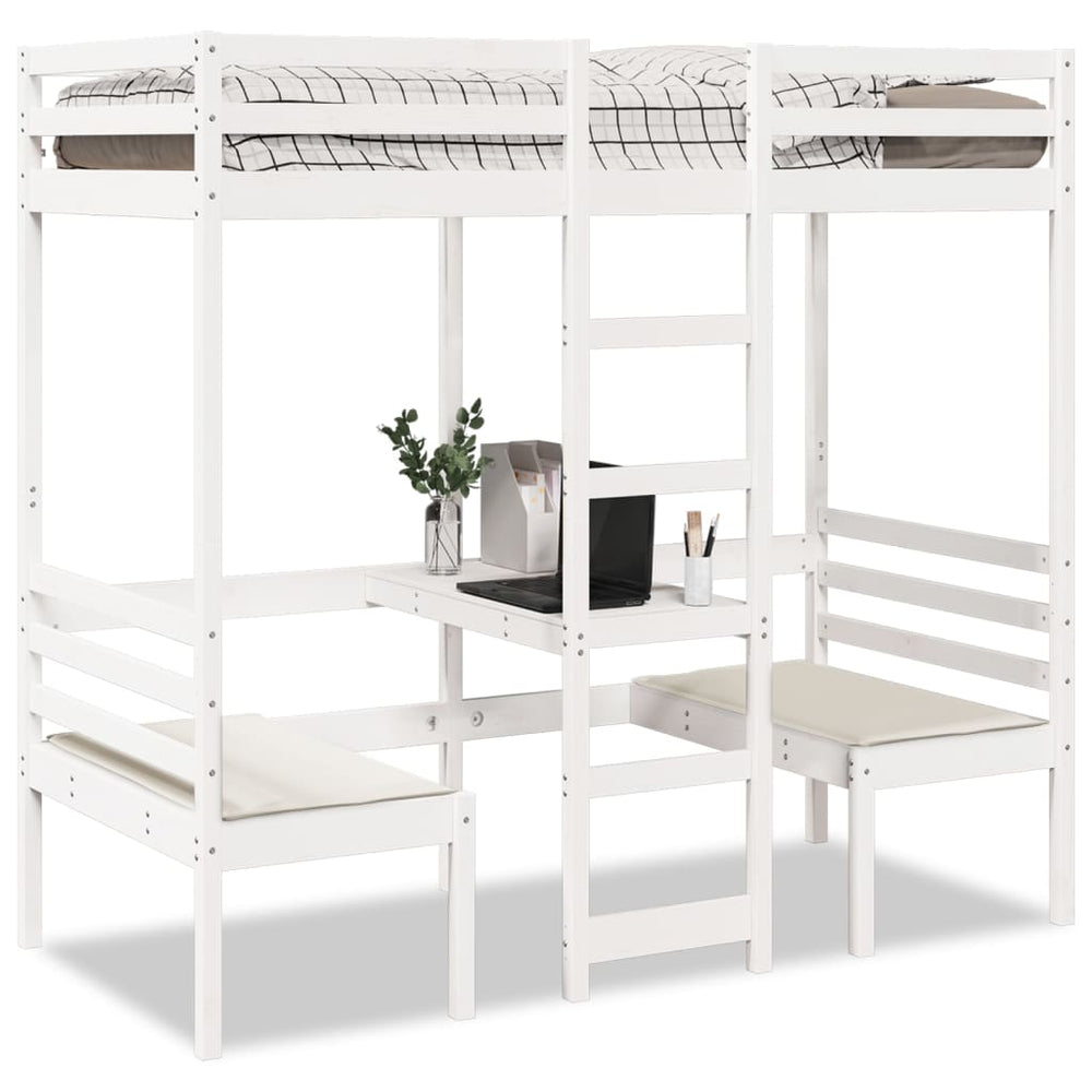 Hochbett mit Schreibtisch & Stühlen Weiß 75x190 cm