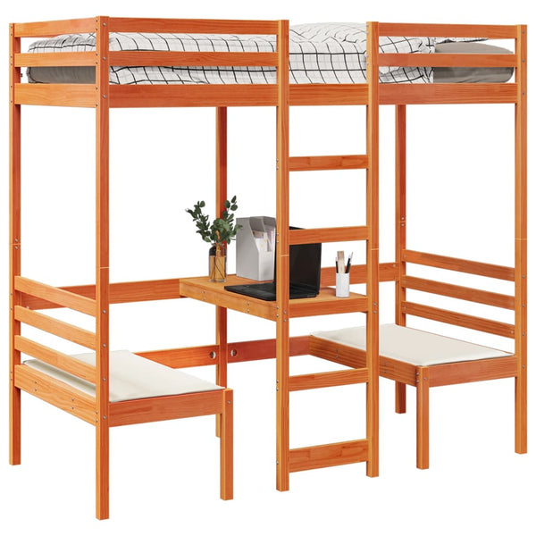 Hochbett mit Schreibtisch & Stühlen Kiefer Braun 75x190