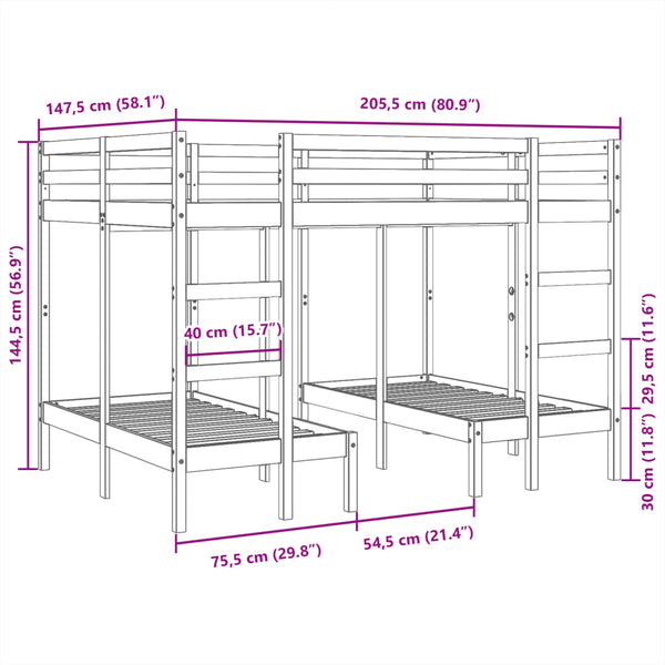 Dreifach-Etagenbett Kiefer 140x200/70x140 cm