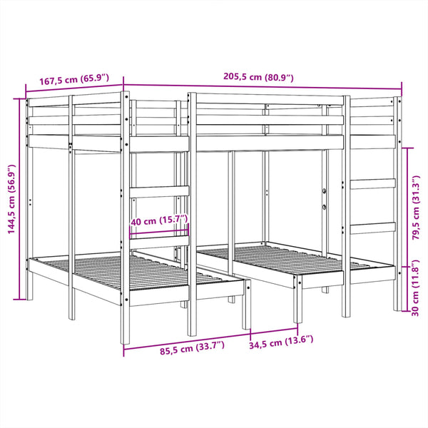 Dreifach-Etagenbett Kiefer Massivholz 160x200 & 80x160 cm