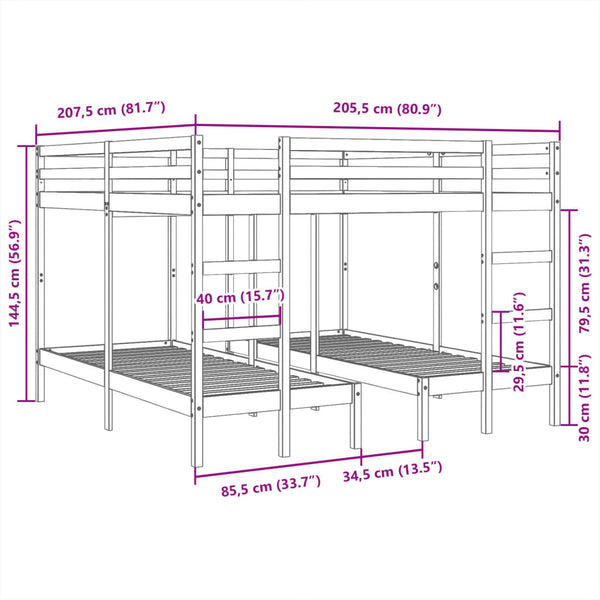 Dreifach Etagenbett Kiefer Massivholz 200x200/80x200 cm