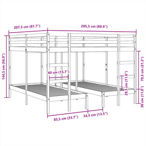 Dreifach Etagenbett 200x200/80x200 cm Kiefer Massivholz Weiß