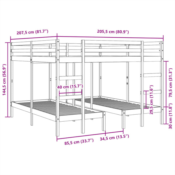 Dreifach Etagenbett 200x200/80x200 cm Kiefer Massivholz Weiß