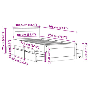 Massivholzbett 100x200 cm mit Kopfteil, Wachsbraun