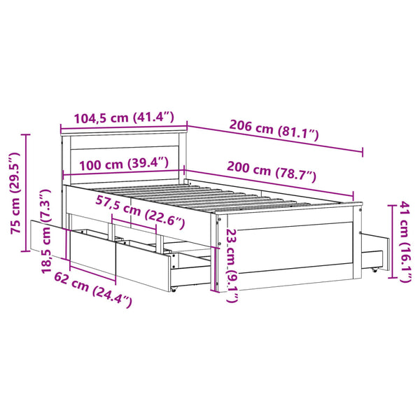 Massivholzbett 100x200 cm mit Kopfteil, Wachsbraun
