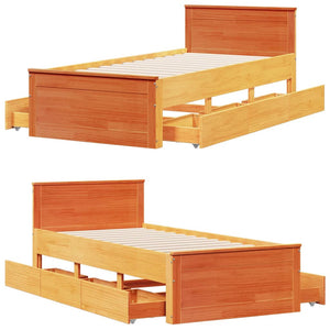 Massivholzbett 100x200 cm mit Kopfteil, Wachsbraun
