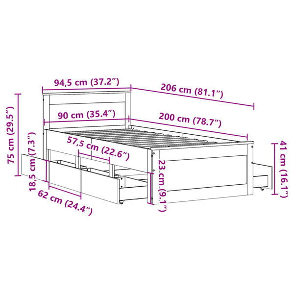 Massivholzbett 90x200 cm Weiß ohne Matratze