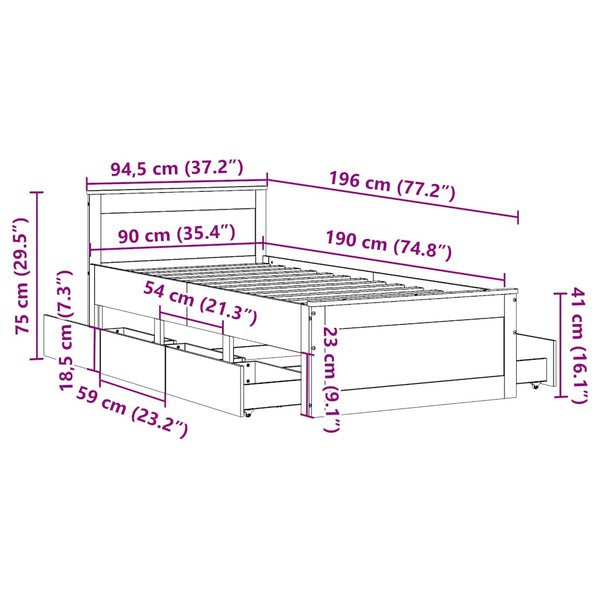 Massivholzbett 90x190 cm mit Kopfteil Wachsbraun