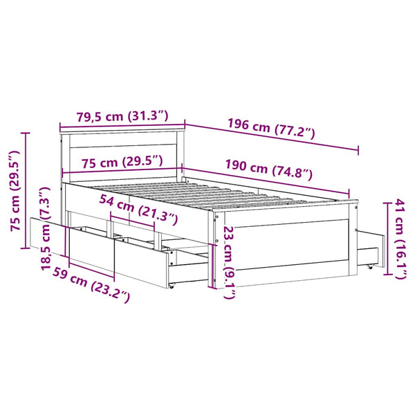 Massivholzbett 75x190 cm mit Kopfteil