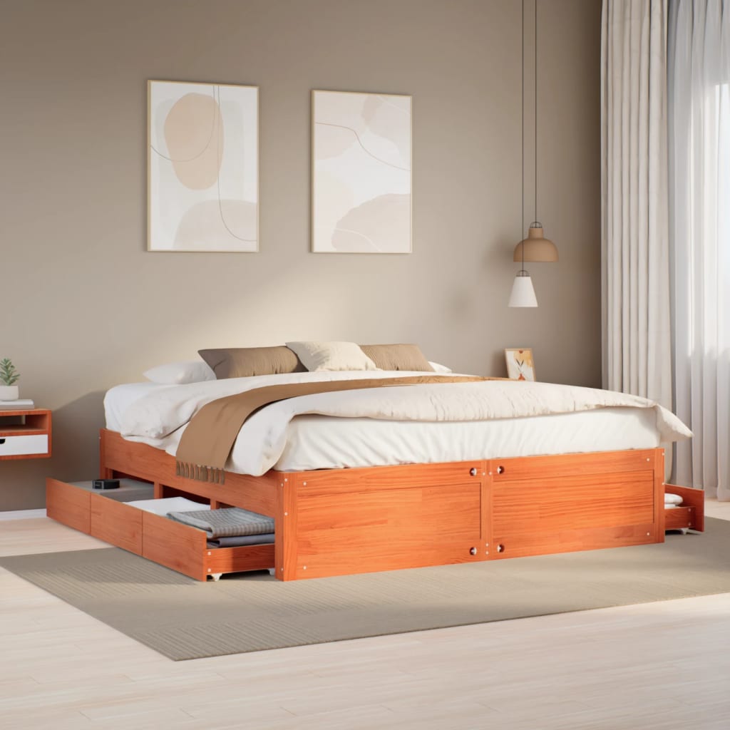 Massivholzbett 180x200 cm mit Schubladen Braun