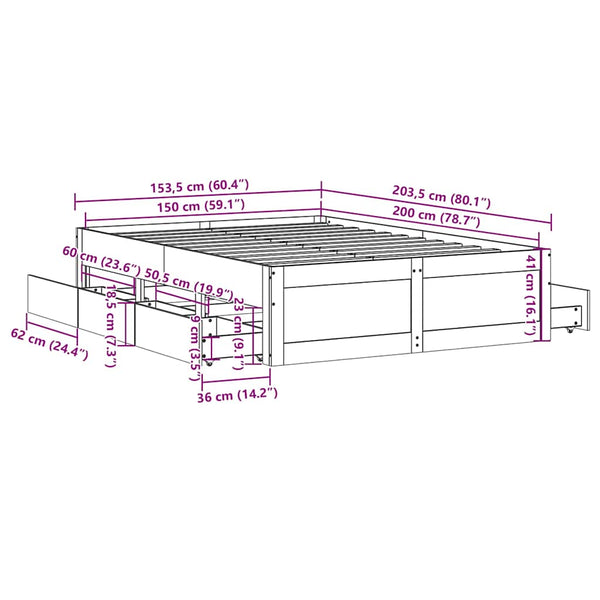 vidaXL Lit en bois massif sans matelas avec tiroirs Marron 150x200 cm