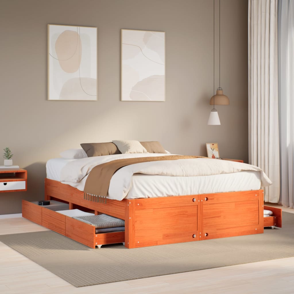 vidaXL Lit en bois massif sans matelas avec tiroirs Marron 140x200 cm