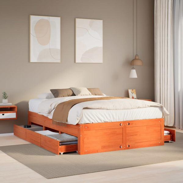 vidaXL Lit en bois massif sans matelas avec tiroirs Marron 140x200 cm