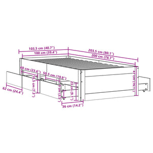 Massivholzbett 100x200 cm mit Schubladen