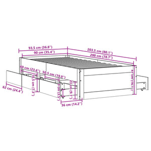 Massivholzbett 90x200 cm mit Schubladen Braun