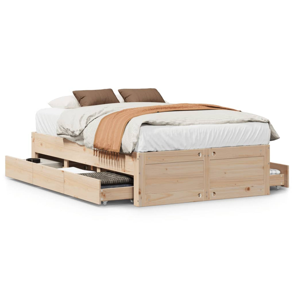vidaXL Solid Wood Bed without Mattress with Drawers 135x190 cm