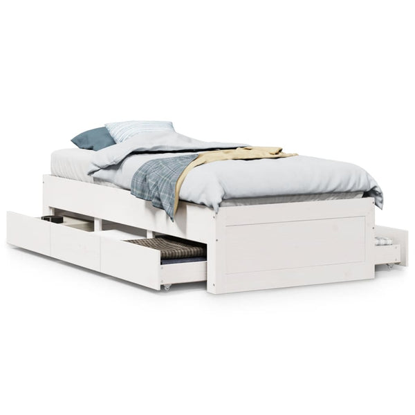 Lit en bois massif vidaXL sans matelas avec tiroirs Blanc 75x190 cm