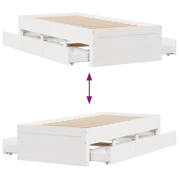 Lit en bois massif vidaXL sans matelas avec tiroirs Blanc 75x190 cm