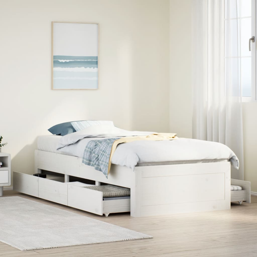 Lit en bois massif vidaXL sans matelas avec tiroirs Blanc 75x190 cm